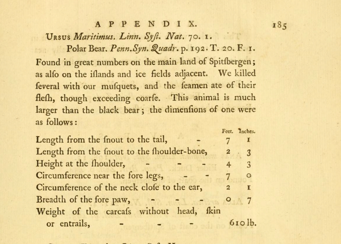 Phipps 1774 description of polar bear, providing scientific name Ursus maritimus