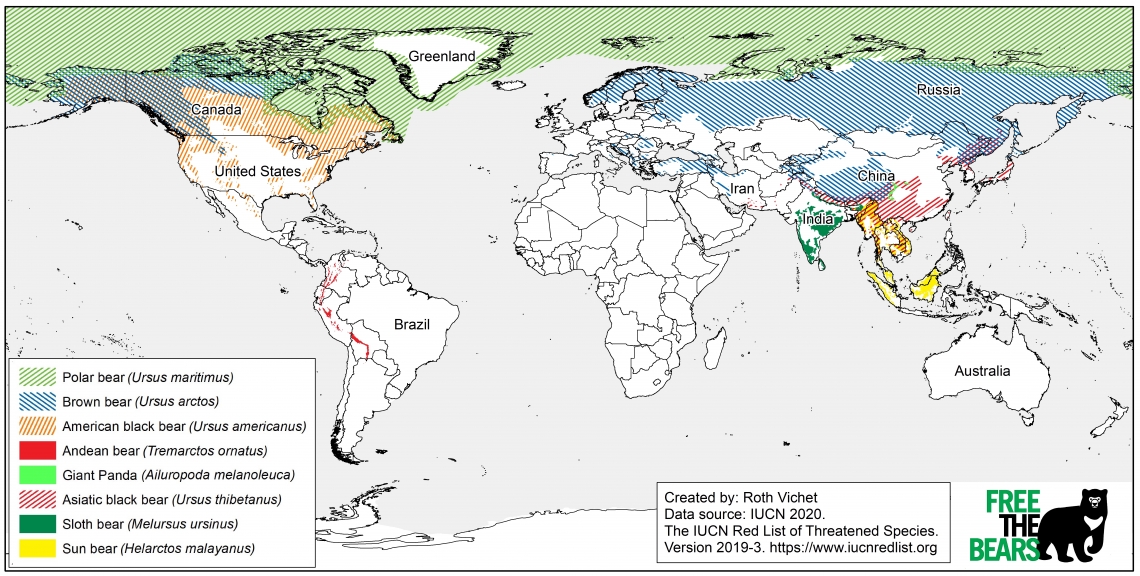 Latest range map of all 8 species of bears, mapped by the Bear Specialist Group, created by Roth Vichet, Free the Bears 